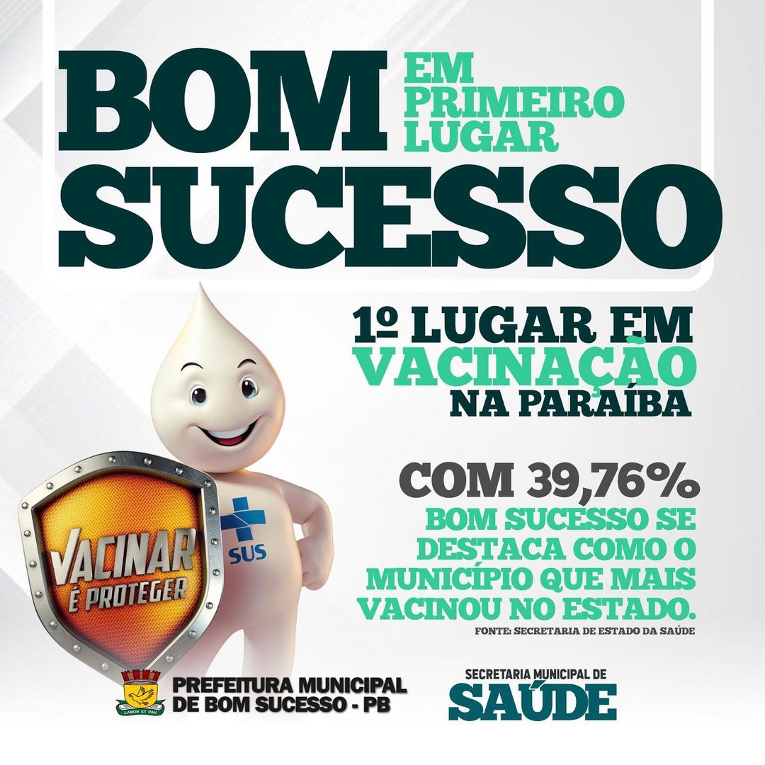 BOM SUCESSO É A PRIMEIRA CIDADE DA PARAÍBA SEGUNDO DADOS DA SECRETARIA ESTADUAL DE SAÚDE COM MELHOR DESEMPENHO VACINAL
